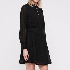 All Saints Kay Studded Black Long Sleeve Skater Dress US0